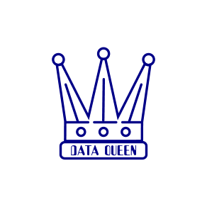 circle graphic with line drawing of a crown with the words data queen meant to signify a woman owned business